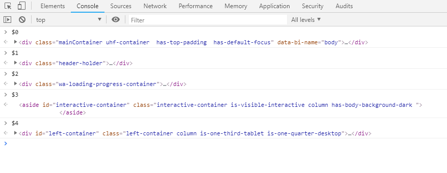 Console expressions to access the selected DOM elements